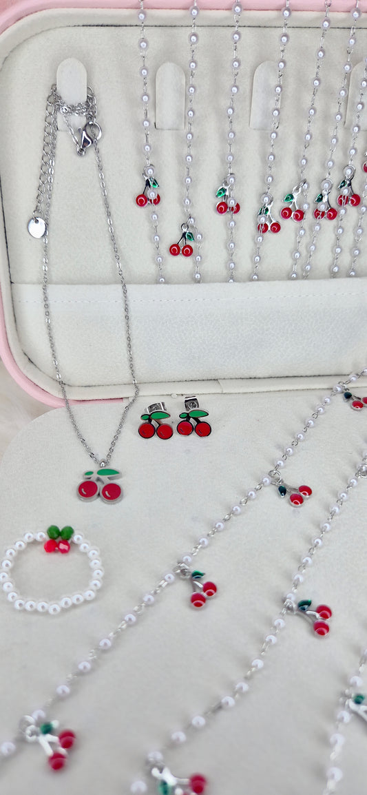 Nuova collezione Ciliegie🍒 Cavigliera Set Collana & Orecchini Anello acciaio anallergico