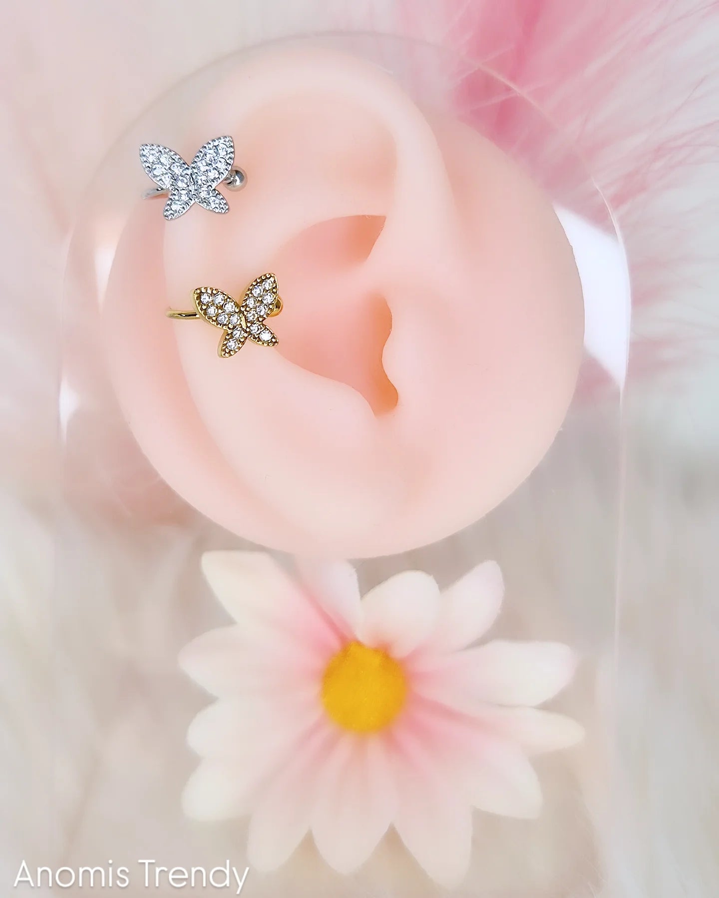 Earcuff Farfalla con zirconi 100% Acciaio anallergico orecchini senza foro regolabili