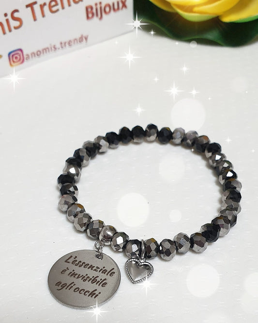 Bracciale cristalli fumé con piastrina incisa "L'essenziale è invisibile agli occhi"