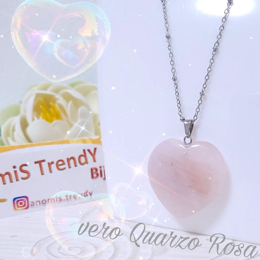 Collana con CUORE in vero QUARZO ROSA