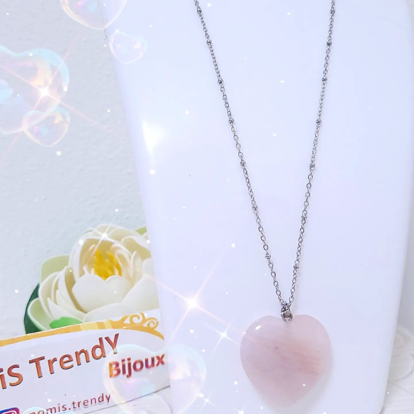 Collana con CUORE in vero QUARZO ROSA