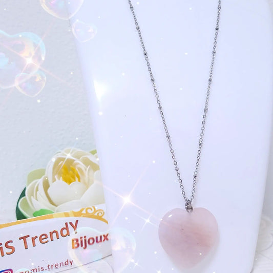 Collana con CUORE in vero QUARZO ROSA