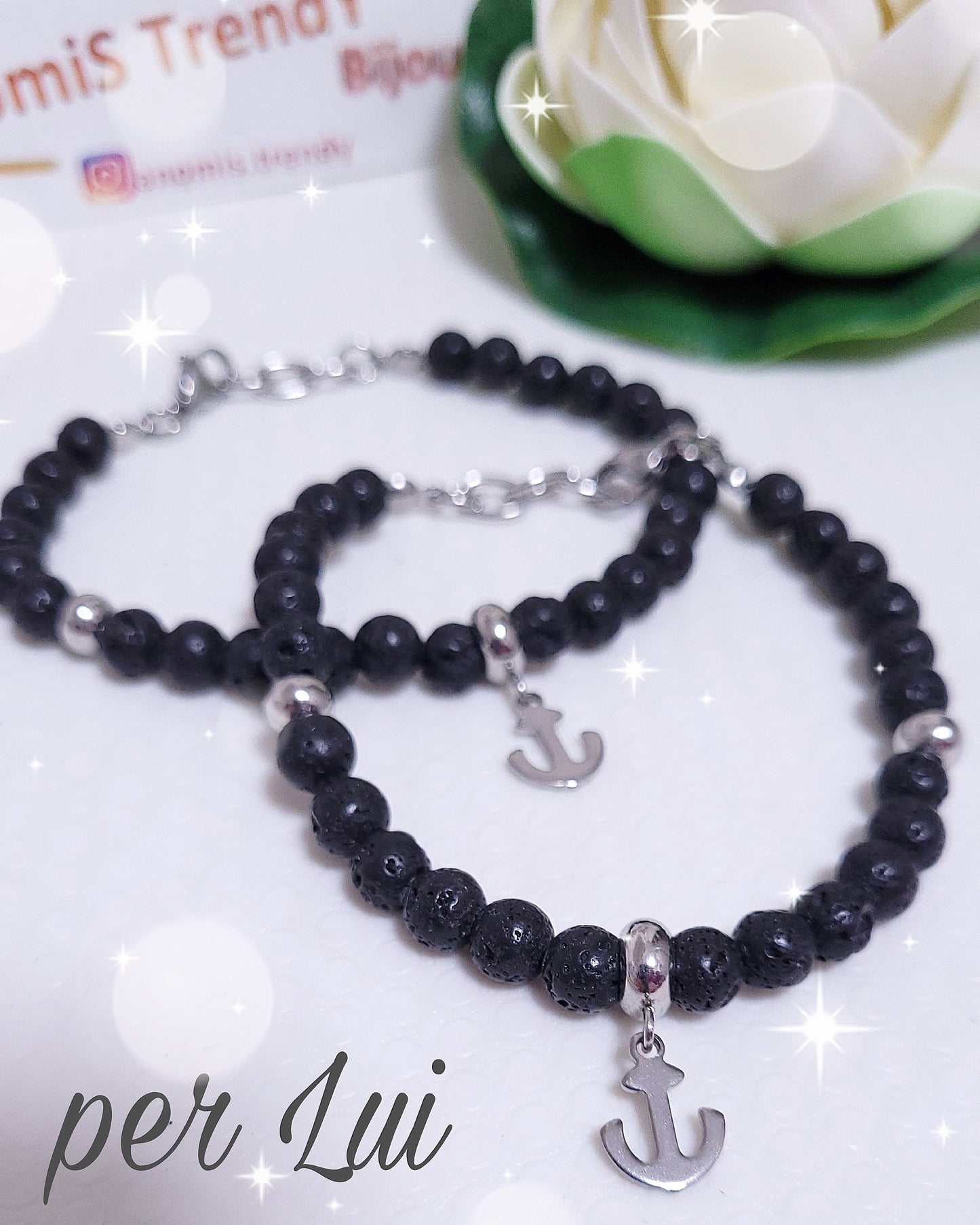 BRACCIALE PIETRA LAVICA CON ANCORA
