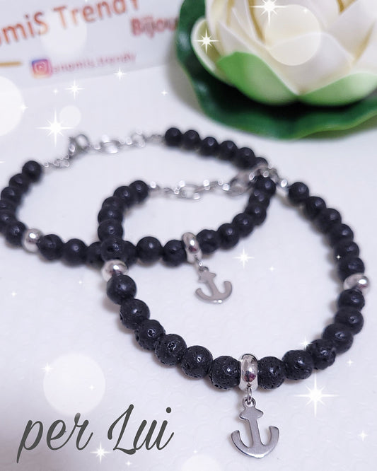 BRACCIALE PIETRA LAVICA CON ANCORA