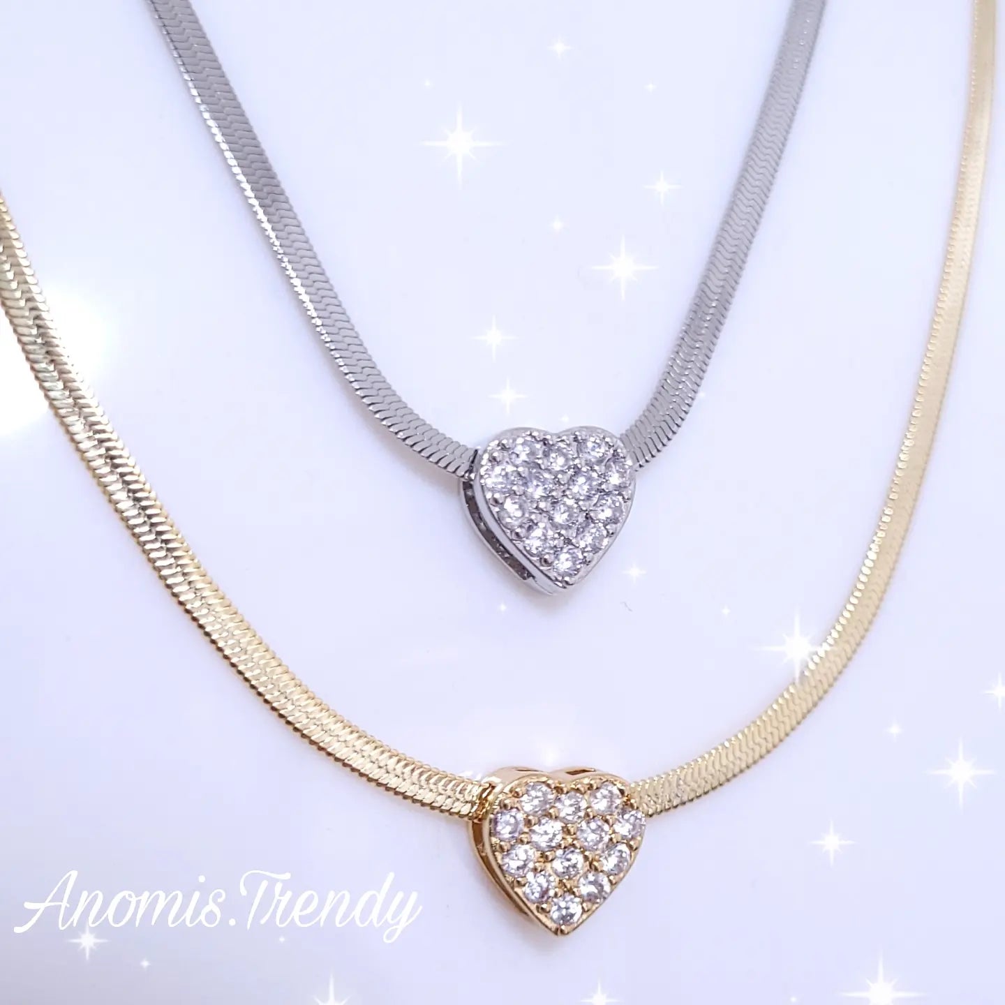 Collana snake 50cm in Acciaio con Cuore 3D e zirconi