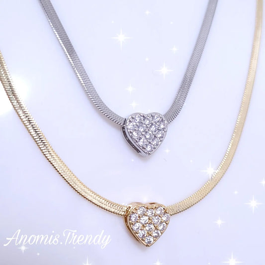 Collana snake 50cm in Acciaio con Cuore 3D e zirconi