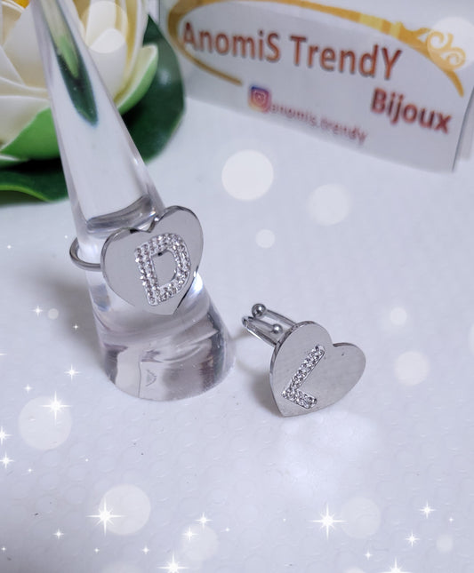 Anello Cuore piatto con Lettera iniziale in zirconi
