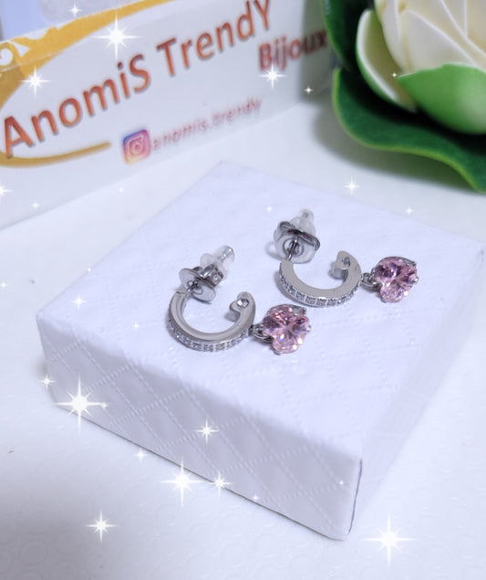 Orecchini Cerchi 1 cm con zirconi e Cuoricino rosa pendente